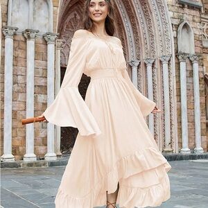 Off-Shoulder Long Sleeve Ruffle Maxi Dress in Blush